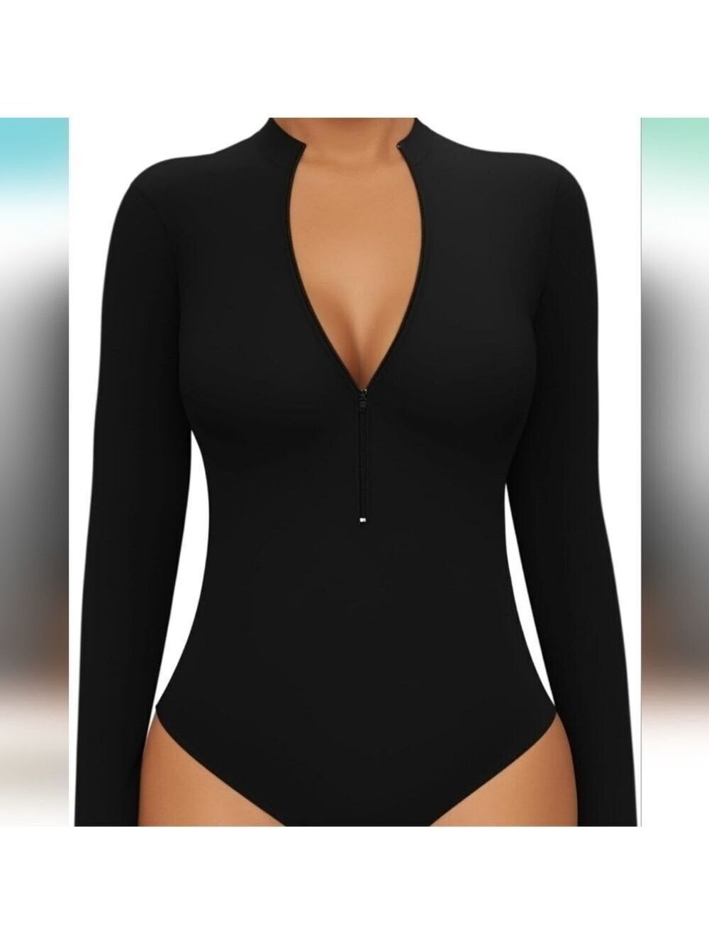 MANGOPOP Long Sleeve Zip Up Bodysuit for Women Ribbed NWT Size S